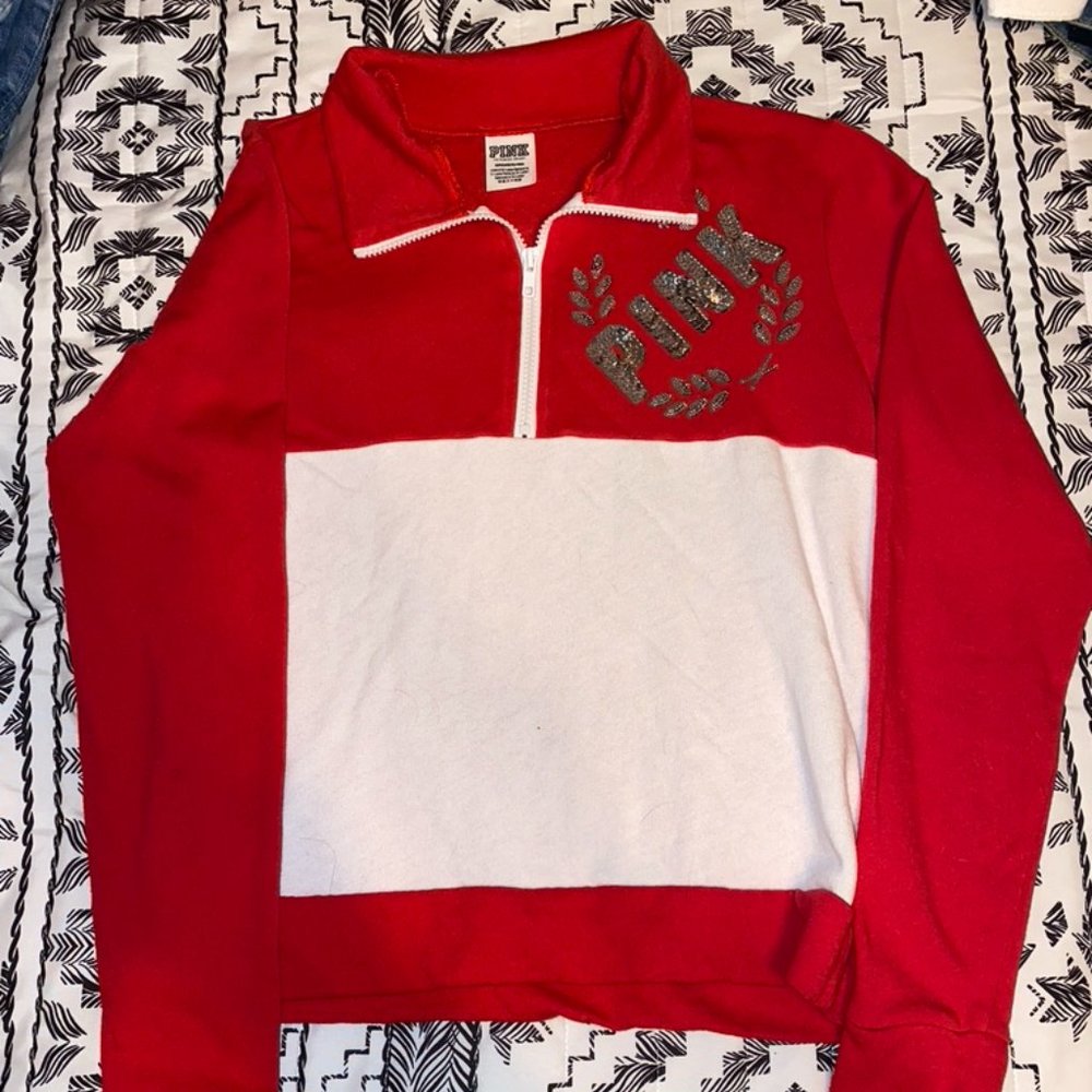 Red and white quarter-zip